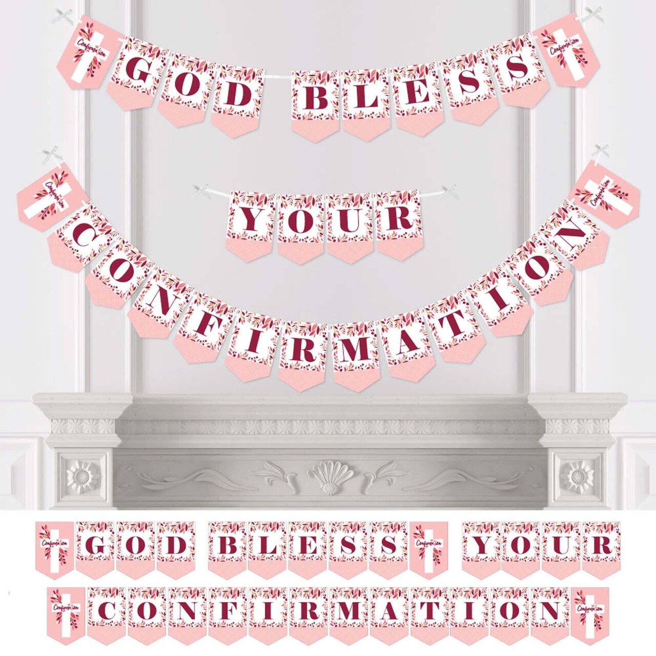 Big Dot of Happiness Confirmation Pink Elegant Cross - Girl Religious Party Bunting Banner - Party Decorations - God Bless Your Confirmation